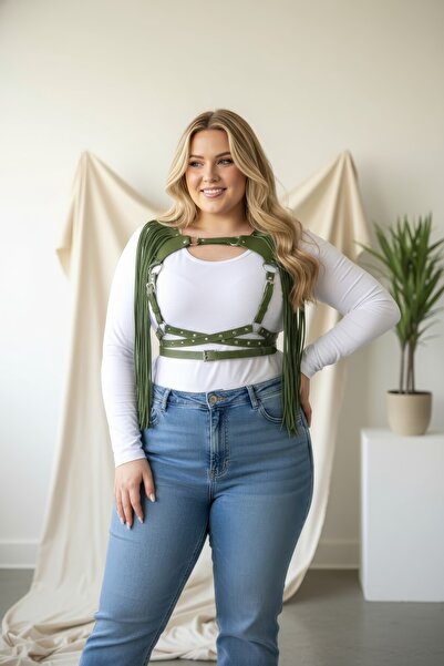 Angels Passion Великий розмір Хакі Жіночий ремінь з бахромою Боді-харнес Брел...