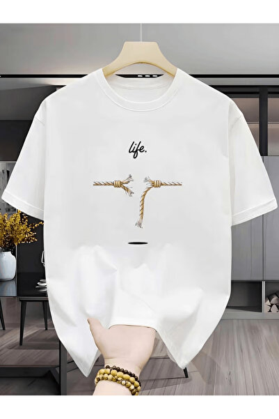 ALEYZA MODA تي شيرت O قصة فضفاضة بتصميم خيط مكسور وكتابة 'الحياة'