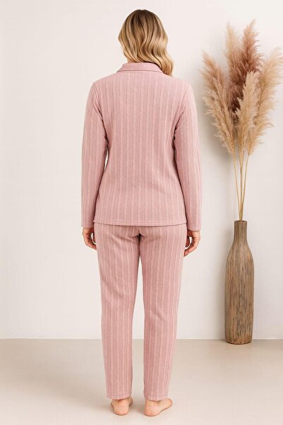 Pemilo Women's 0271 Buttoned Front Long Sleeve Pajama Set Pudra