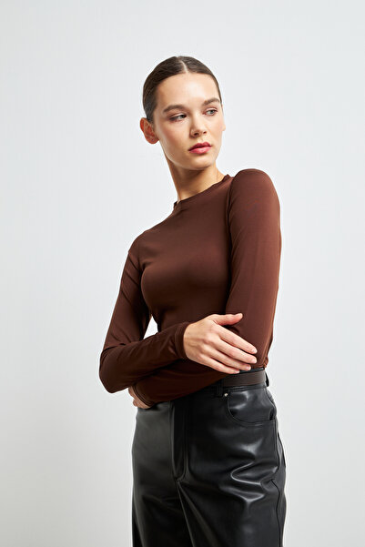 Yefrastore Women's Brown Ultra Soft Stretchy Crew Neck Basic Blouse