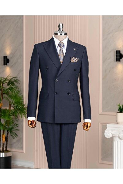 TerziAdemAltun İtalyan stil slim fit kruvaze ceket pantolon takım elbise lacivert T14737