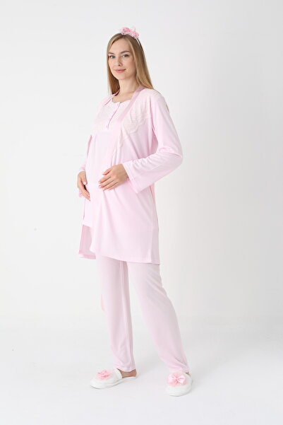 BLACKMORE Women's Pink Special Lace Design Cotton Winter Maternity Dressing Gown 3-Piece Set