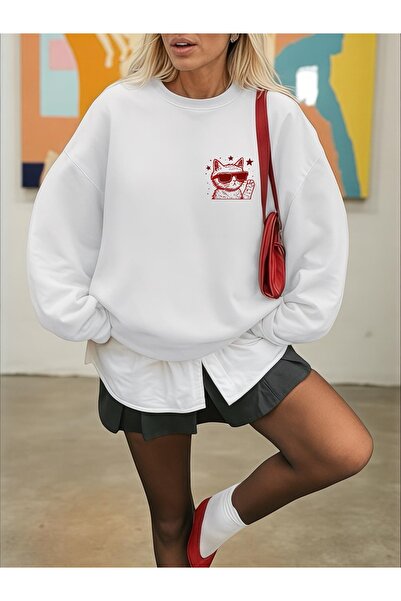 ArtYus Unisex Long Sleeve Transfer Red Cool Cat B Printed Plus Size Crew Neck Sweatshirt