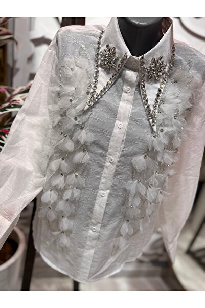 ŞEHRAZAT BUTİK 3D Design Shirt with Stone Detail on the Collar