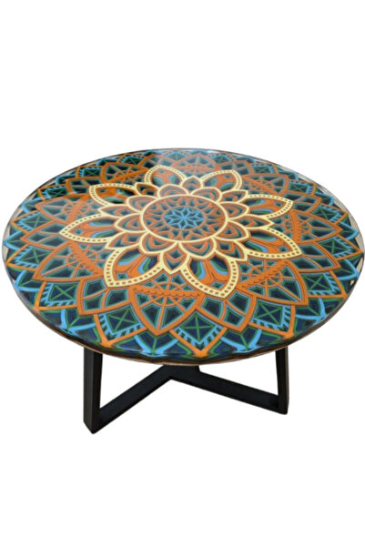 Amco Masă rotundă din lemn și rășină epoxidică - Design unic - Mandala 60X60X...