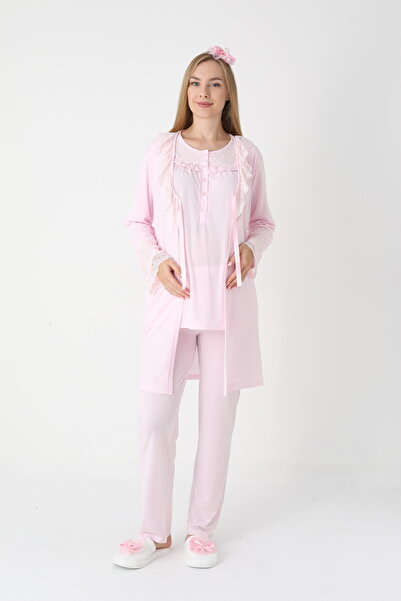 BLACKMORE Women's Pink Special Lace Design Cotton Dressing Gown 3-Piece Pajama Set