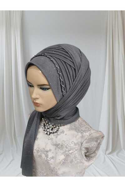 Nuray hazır duvak Anthracite Embroidered Nadide Ready-Made Veil Ready-Made Shawl Ready-Made Turban