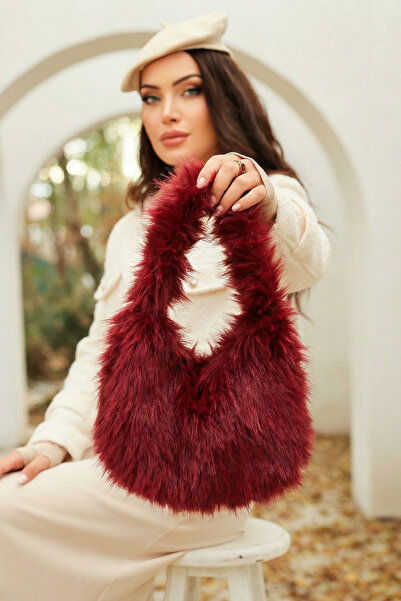 Salih Çelebi Geantă de umăr din blană artificială 18212 - ROȘU CLARO