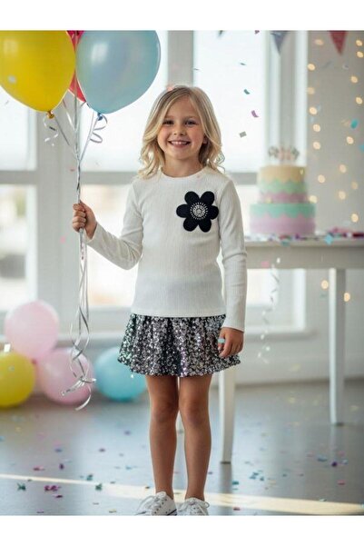 Zekids Μπλούζα για κορίτσια με βαμβακερή κεντημένη λουλουδάτη μακρυμάνικη μπλούζα K πλέξη ριμπ