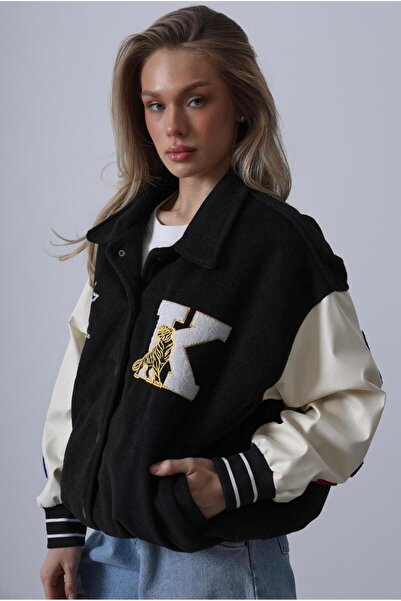 Opera Koların Leather Stamp Fabric College Jacket