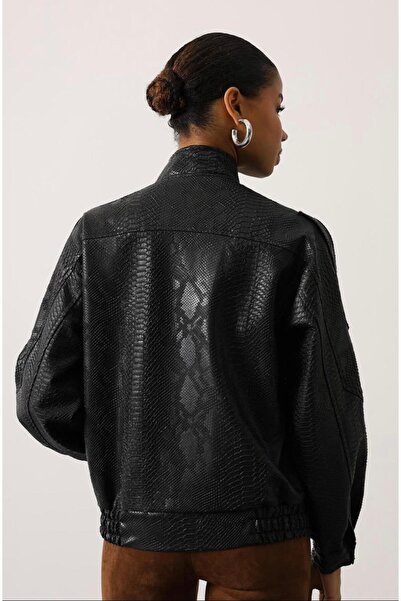 Opera Snake Skin Pattern Bomber Leather Jacket