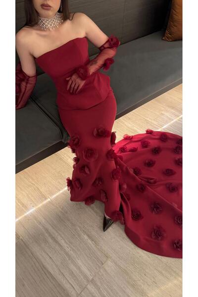 BRATO Off-shoulder evening dress with a floral train and sheer sleeves