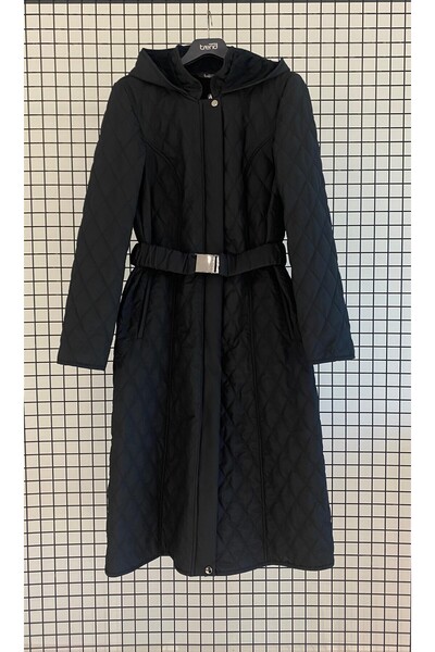 Armine TREND Hooded Wool Quilted Coat with Hidden Zipper, Side Pockets and Belt