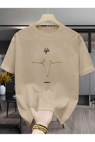 ALEYZA MODA تي شيرت O قصة فضفاضة بتصميم خيط مكسور وكتابة 'الحياة'