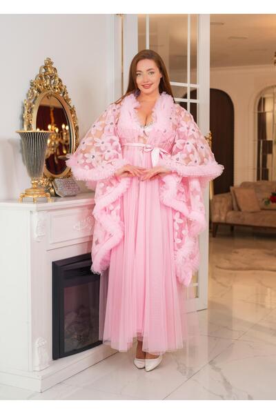 Limas lingerie Special Design Lightweight Feather, Lace Detail 2-Piece Long Dressing Gown