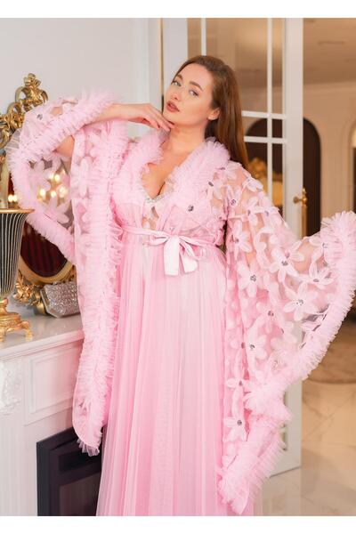Limas lingerie Special Design Lightweight Feather, Lace Detail 2-Piece Long Dressing Gown