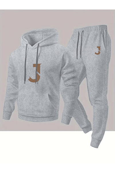 ALEYZA MODA طقم بدلة رياضية بحرف كبير 'ج' مطبوع بغطاء رأس