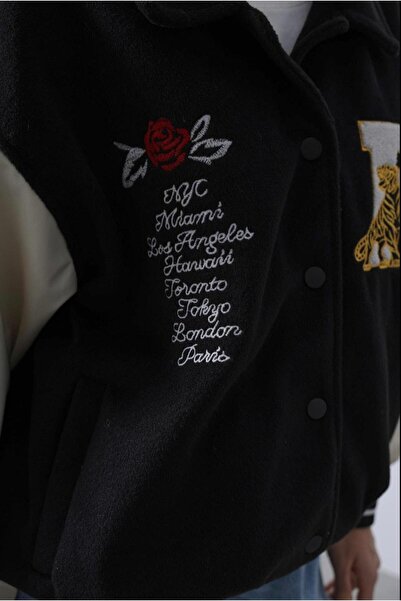 Opera Koların Leather Stamp Fabric College Jacket