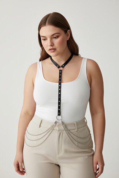 Angels Passion Curea neagră pentru femei de mărime mare, cu accesorii pentru lanț de talie cu mai multe inele în formă de O