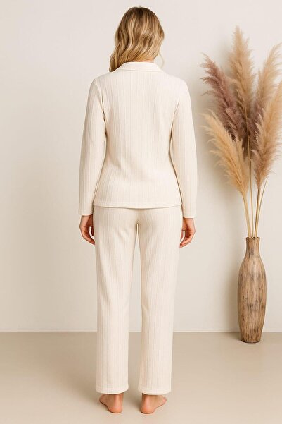 Pemilo Women's 0272 Buttoned Front Long Sleeve Pajama Set Ecru