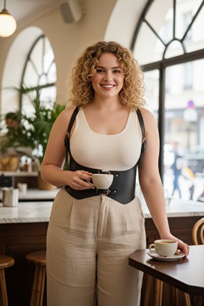 Angels Passion Corset cu centură pentru femei, mărime mare, negru, cu bretele late pentru umeri, stil body harness, cu detaliu de cataramă