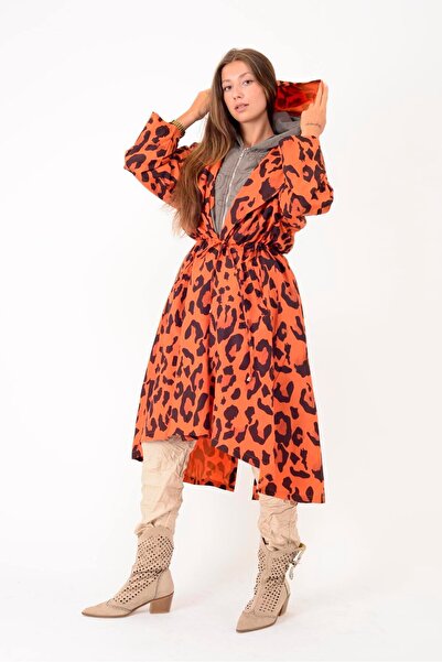 Park Moda An10720 Leopard Printed Raincoat with Drawstring Detail at the Waist