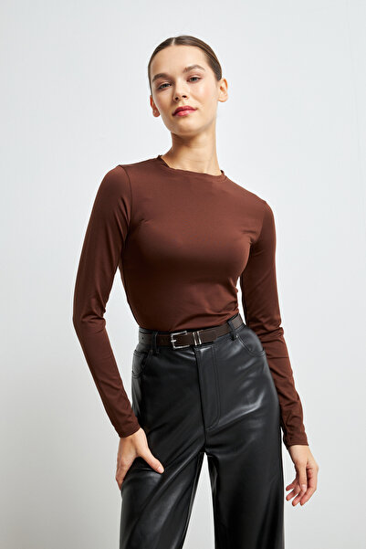 Yefrastore Women's Brown Ultra Soft Stretchy Crew Neck Basic Blouse