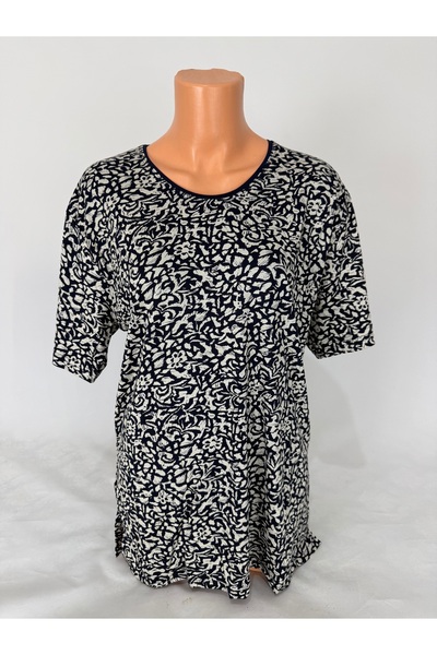 YAŞAR TRİKO Women's Black Gray U Neck Short Sleeve Patterned Slit Woven Viscose Mother Combed Cotton T-Shirt