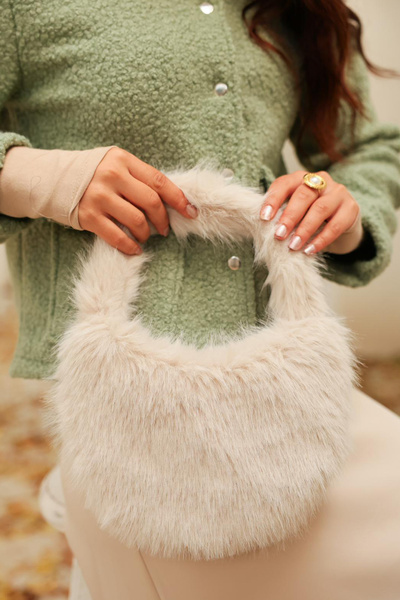 Salih Çelebi Geantă de umăr din blană artificială 18212 - CULOARE PIATRĂ