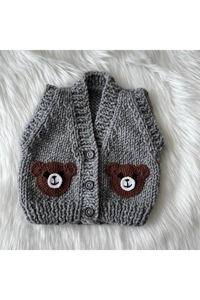 A&D HANDMADE Hand Knitted Baby/Child Vest with Bear Motif
