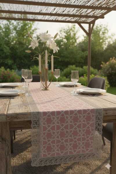 Rona Home Pink Guipure Runner Stylish Lace Dowry Special Design Runner Stylish Living Room Cover Runner