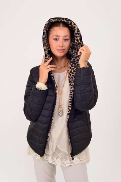 Park Moda Hv811 Twin Fur Detail Leopard Print Reversible Coat