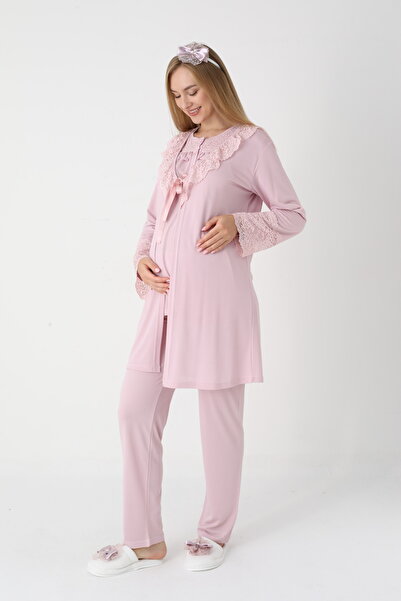 BLACKMORE Women's Powder Special Lace Design Cotton Dressing Gown 3-Piece Pajama Set