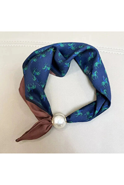 TChic Navy Blue Shawl with Green Horse Pattern and Magnetic Pearls