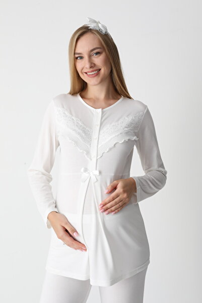 BLACKMORE Women's Ecru Long Sleeve Special Lace Design Ornate Cotton Dressing Gown 3-Piece Pajama Set