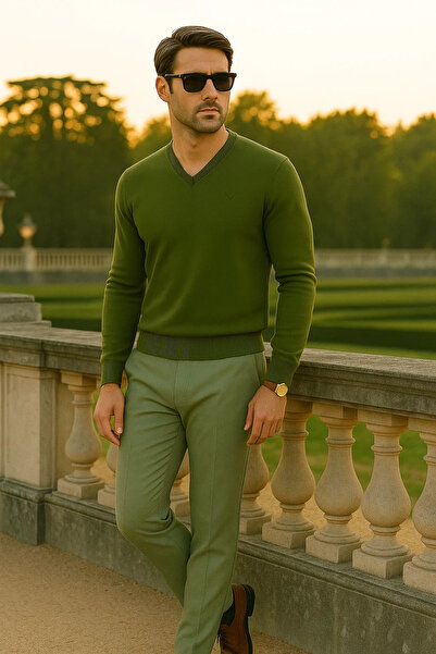 Maccali Men's Trend Casual Long V-Neck Khaki Sweater