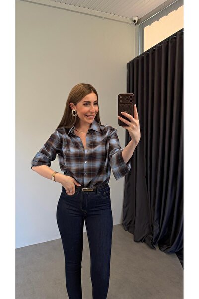 elif teke Mavili Ekose Gömlek Mavi