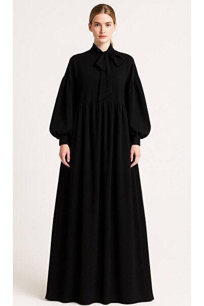 ALYEL NAKER فستان ماكسي من الكريب بتصميم A مع أكمام بالون وتفاصيل ربط على الرقبة