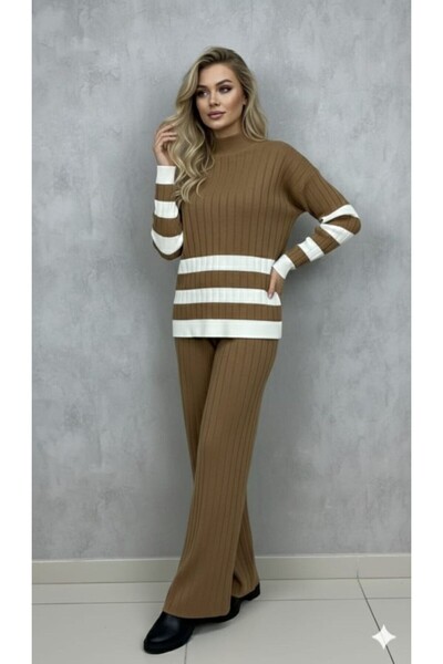 GİYSİ DÜNYASI 57 Knitted Fabric Thick Striped Detail Sweater Pants 2-Piece Set