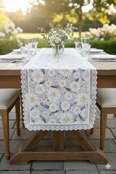 Rona Home Custom-Made Runner with Lace Trim, Decorative Daisy Runner, Washable and Wipeable Dining Runner.