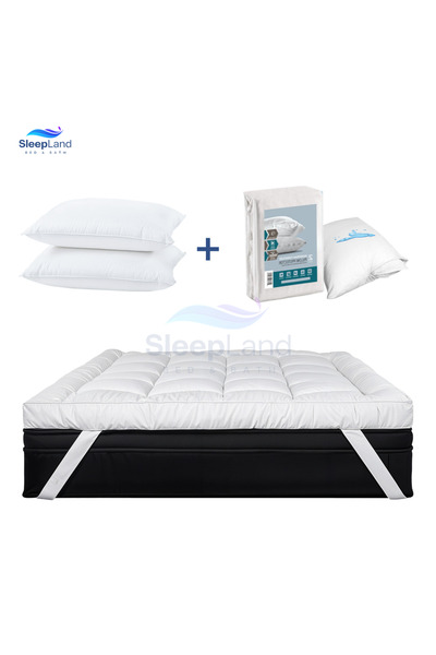 SLEEPLAND Hotel-quality mattress pad set, 200 x 200 cm, 14 cm high, with a pillow protector set and two hotel-quality pillows.
