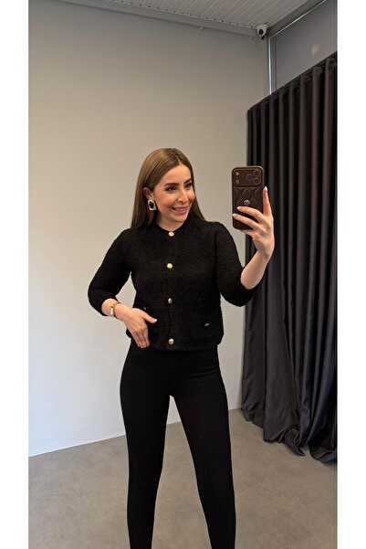 elif teke Zr Gold Düğmeli Buklet Dokulu Hırka Siyah