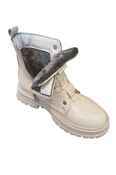 AKSESUARIM Women's Genuine Leather Patent Leather Fur Casual Boots