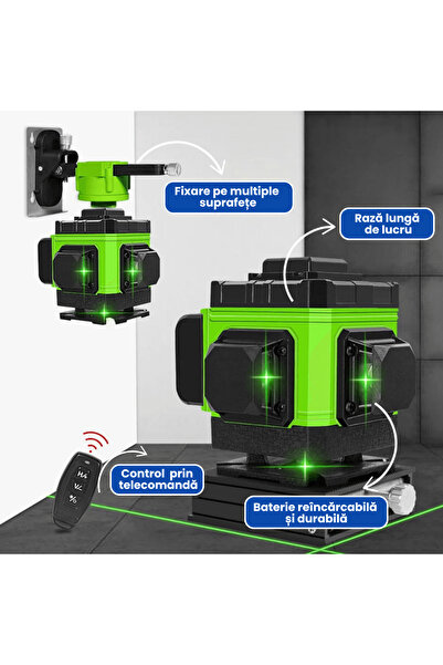 OferteTop Professional 4D Laser Level with 16 Lines, Self-Leveling, Remote Control and Tripod 150 cm
