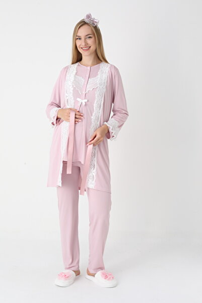 BLACKMORE Women's Powder Long Sleeve Special Lace Design Ornate Cotton Dressing Gown 3-Piece Pajama Set