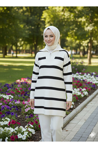 ÇELEBİ STYLE Γυναικεία πλεκτά ριγέ πουλόβερ με φερμουάρ