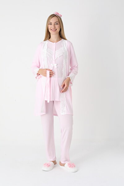 BLACKMORE Women's Pink Long Sleeve Special Lace Design Ornate Cotton Dressing Gown 3-Piece Pajama Set
