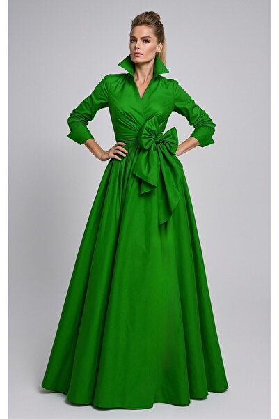 ALYEL NAKER بأزرار على الجهتين فستان قميص ماكسي من التفتا بأكمام طويلة وقصة م...