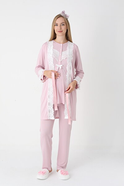 BLACKMORE Women's Powder Long Sleeve Special Lace Design Ornate Cotton Dressing Gown 3-Piece Pajama Set