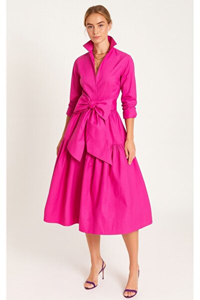 ALYEL NAKER فستان قميص ميدي من التفتا الفوشيا مع تفاصيل كشكشة وحزام